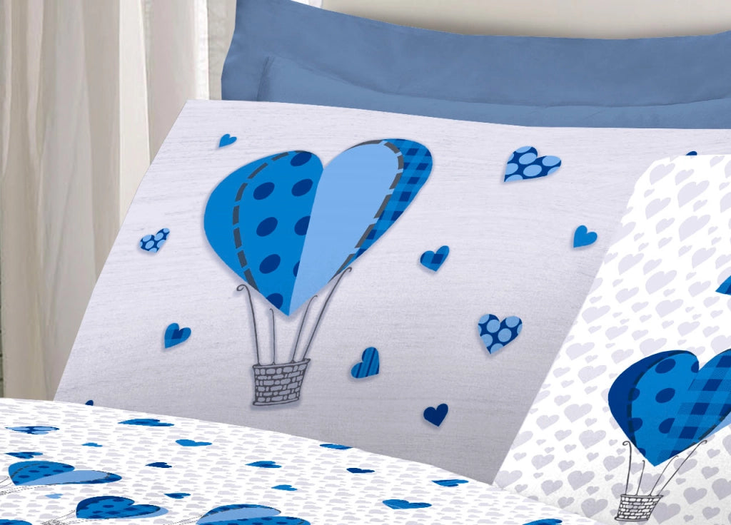 Completo Lenzuola Linea Pensieri Delicati 100% Cotone Disegno Mongolfiera - Piazza E Mezza - Blu