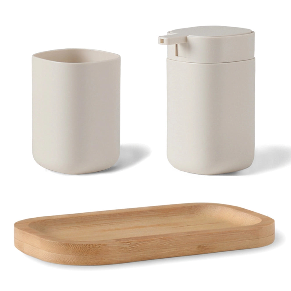 Set accessori bagno 3 pz crema con vassoio in bambù - Taki