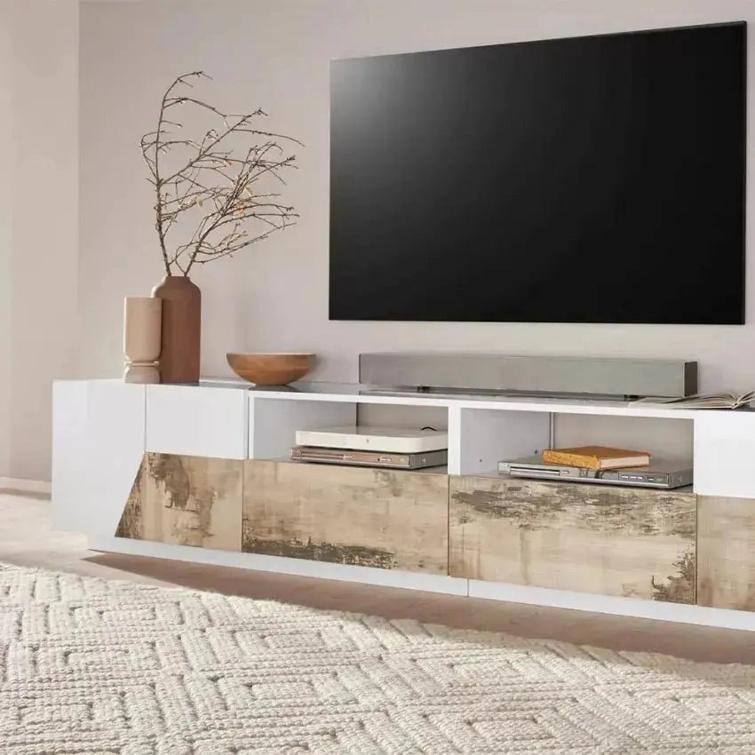 Porta TV Alien con dimensioni 260 x 43 x 46 cm Lowboard in Bianco Laccato/Acero Pereira