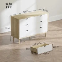 Cassettiera con 6 Cassetti in Legno per Camera da Letto, 110x40x75 cm, Bianco Lucido e Rovere
