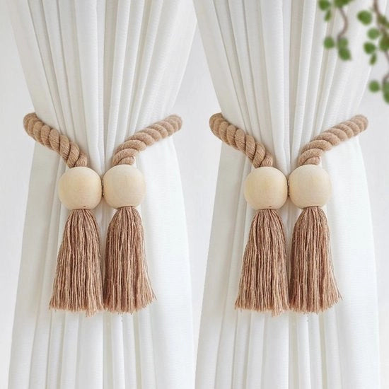 Set di 4 cordoni per tende in cotone a mano - cordoni per tende in legno - cordoni per tende multifunzionali con piumini - adatti per tende da cucina, decorativi