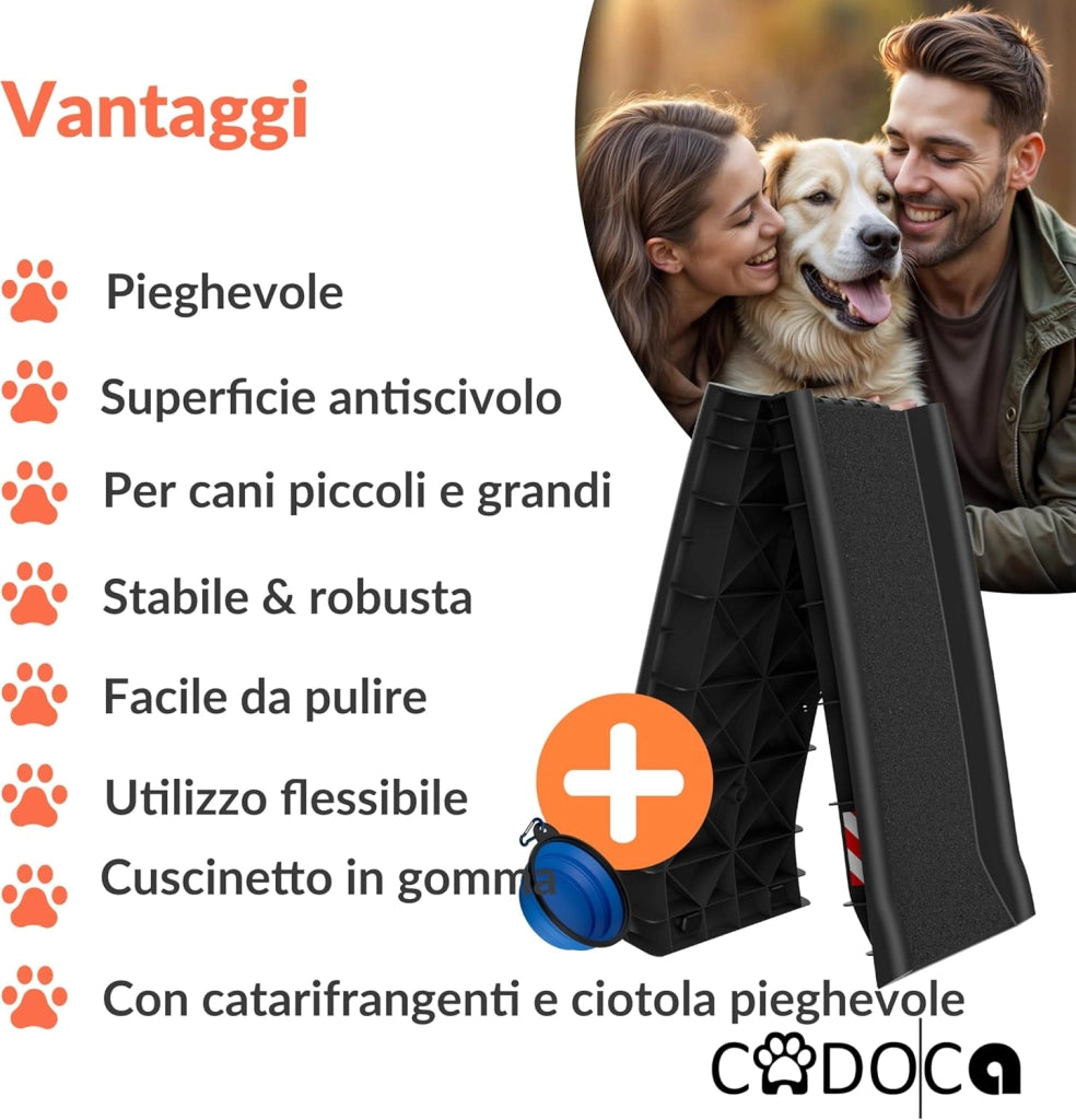Rampa per Cani Auto Pieghevole Antiscivolo 156x40cm Capacità 90KG con Maniglia di Trasporto Ciotola Catarifrangenti Scivolo Pedana Bagagliaio Rampe