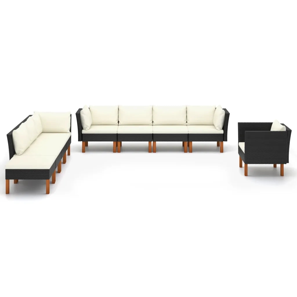 Set Divani da Giardino 9pz Polyrattan Legno di Eucalipto Nero cod mxl 39335