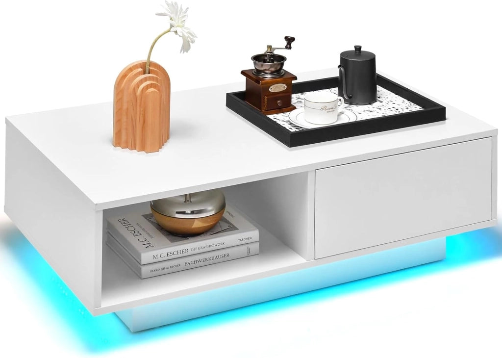 Tavolino da caffè rettangolare moderno con luce colorata e telecomando, tavolino da caffè con cassetto e ripiano aperto per soggiorno (bianco)