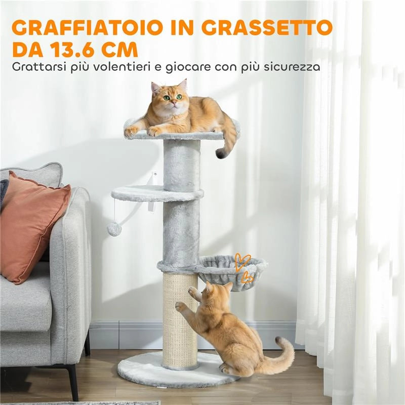 ALBERO TIRAGRAFFI PER GATTI ALTO 103.5 CM CON LETTINO E AMACA, RIVESTIMENTO IN PELUCHE, GRIGIO CHIARO
