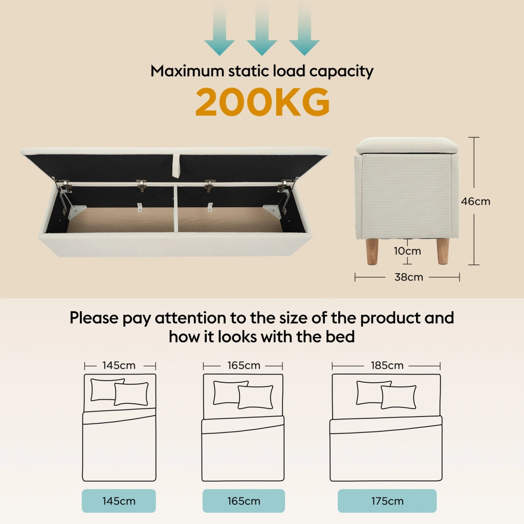 Panchina fondo letto con vano contenitore; Panca imbottita con apertura idraulica; in Velluto a Coste e Legno; Beige