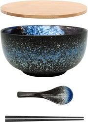 Bowl per Ramen in Ceramica Giapponese con Coperchio e Cucchiaio - Bowl per Insalata Noodle Zuppa per Cereali Colazione Dessert Riso - Microonde Forno Lavastoviglie - Grande Bowl Blu per Gelato