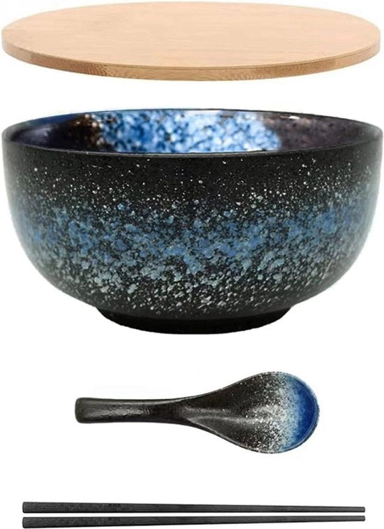 Bowl per Ramen in Ceramica Giapponese con Coperchio e Cucchiaio - Bowl per Insalata Noodle Zuppa per Cereali Colazione Dessert Riso - Microonde Forno Lavastoviglie - Grande Bowl Blu per Gelato
