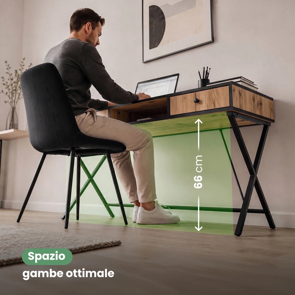 Scrivania PC industriale Rovere Craft CROSSLINE 120 cm 2 cassetti 1 ripiano gambe nere
