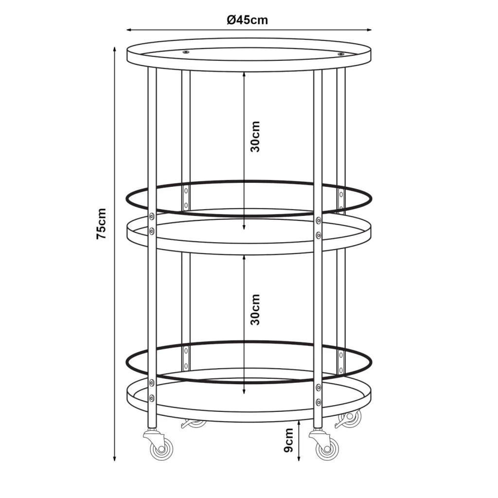 Carrello di servizio mobile contenitore per cucina/soggiorno con 3 ripiani rotondi 75 x 45 cm metallo nero 03_0009227
