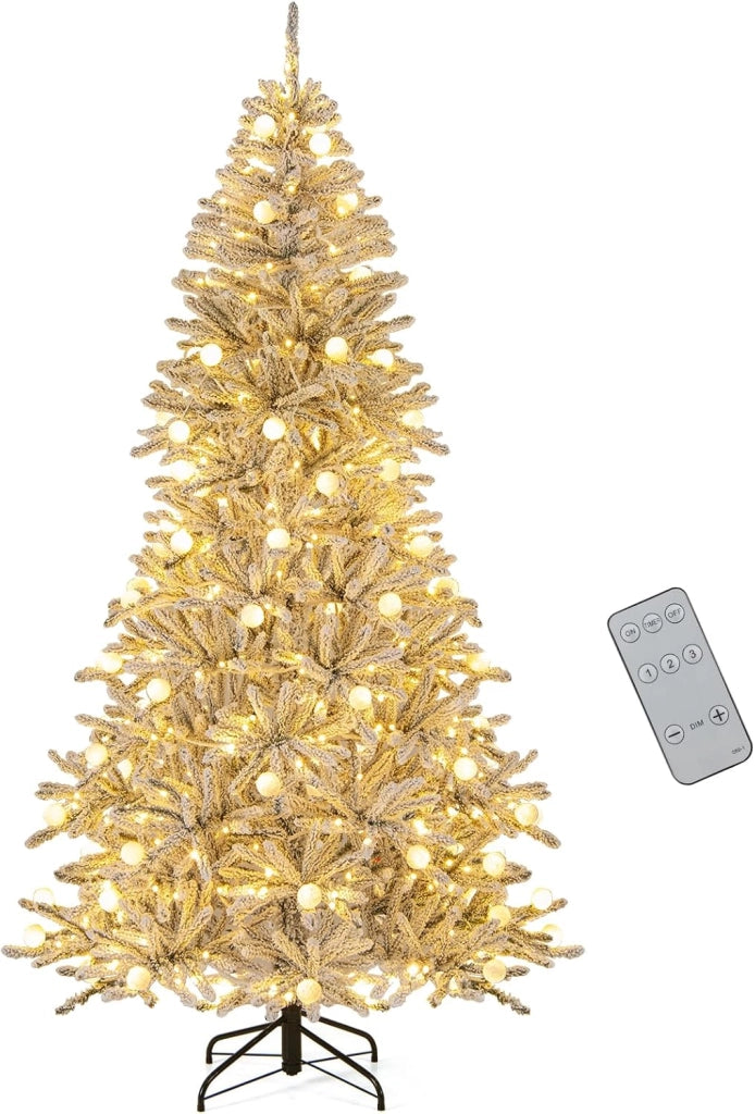 Albero di Natale Innevato 180/210cm, Albero di Natale Artificiale Pre-illuminato con 250/350 Luci LED Bianche Calde, 51/65 Sfere Luminose 637/1273 Rami, Telecomando e Timer (180 cm)