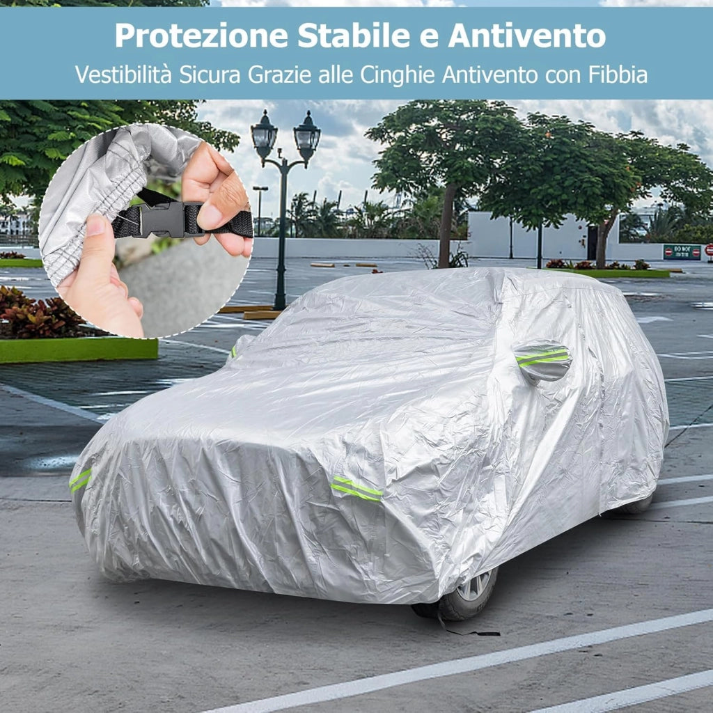 Copertura Auto con Porta a Zip, Serratura, Copertura per Auto con Strisce Riflettenti, Copertura Universale per Esterni per Auto (516 X 191 X 164 cm)