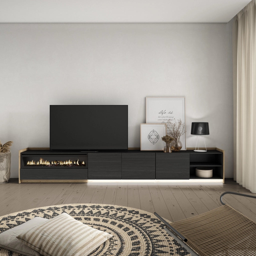 Mobile TV Soggiorno, 310x50x37 cm, Per TV fino a 80", Camino elettrico, LED, Nero e rovere