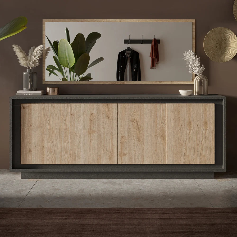 Madia 4 Ante Linea SKY L 207 Cm x H 80 Cm x P 50 Cm, realizzata in legno 100% MADE IN ITALY, design moderno per cucina, sala da pranzo, soggiorno colore Lava/Cadiz