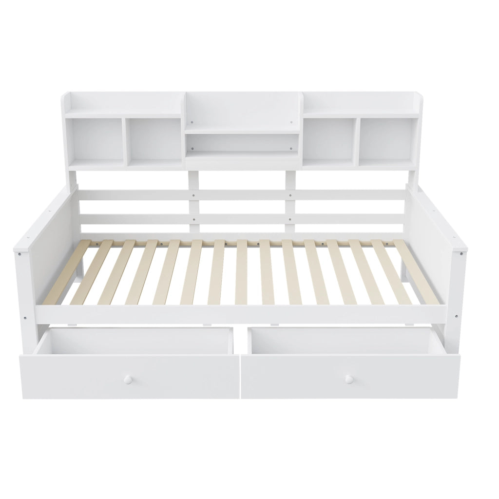 Letto singolo 90×200 cm con 2 cassetti; ripiani laterali e rete; senza materasso; legno; bianco