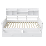 Letto singolo 90×200 cm con 2 cassetti; ripiani laterali e rete; senza materasso; legno; bianco