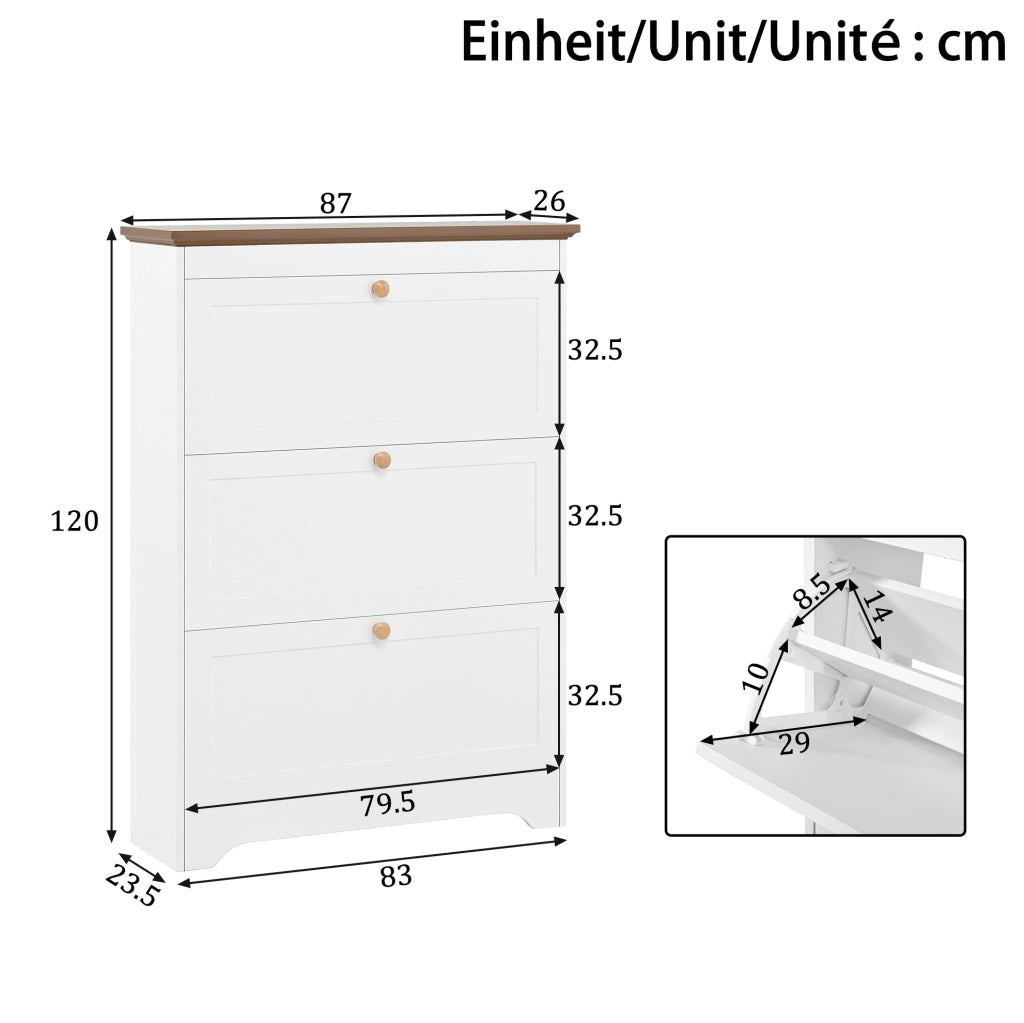 Scarpiera 87x26x120 cm con 3 ribalte e ripiano superiore in MDF bianco
