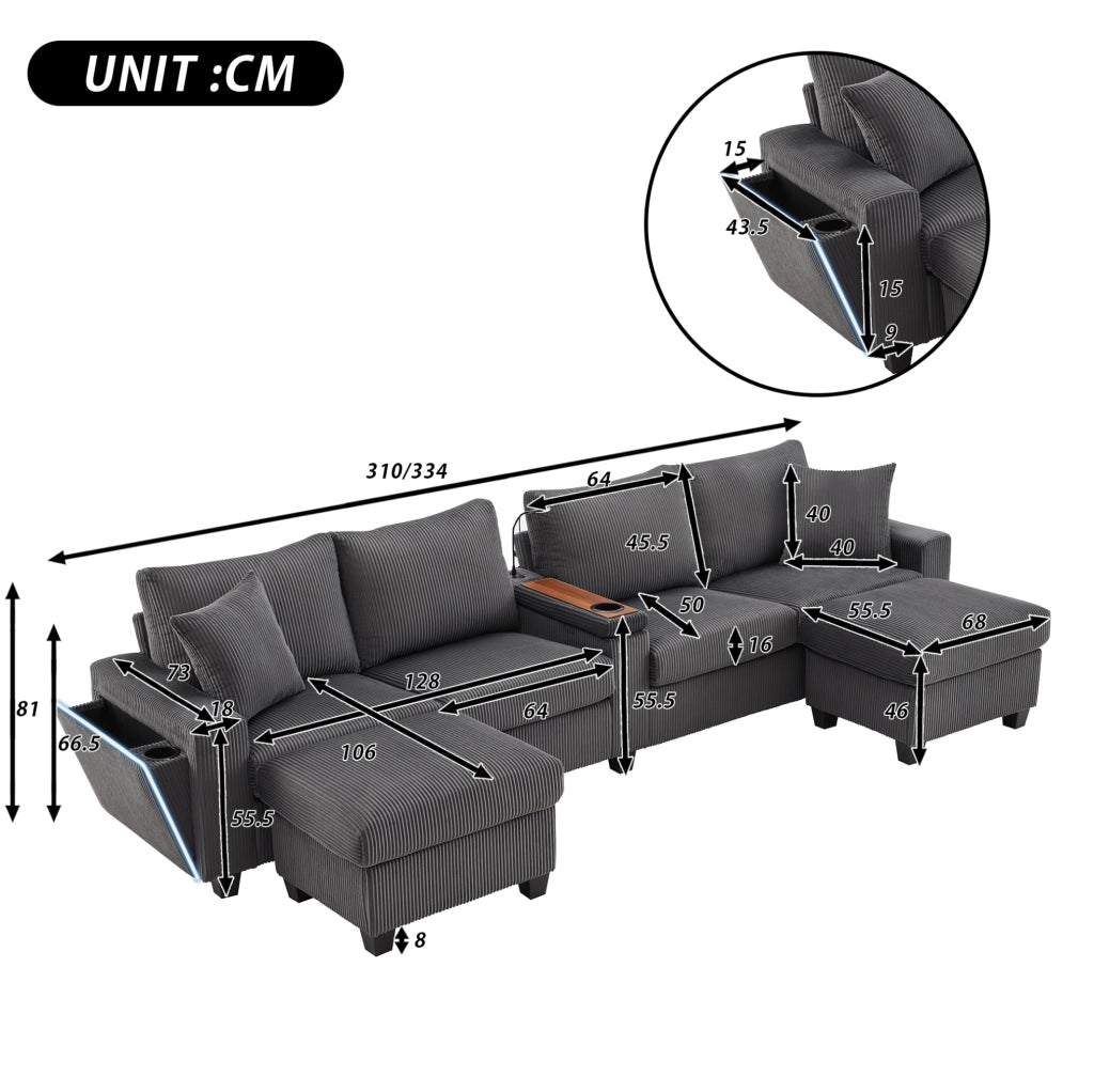 Divano a U 334x128,5x81 cm in velluto a coste grigio con LED e USB –