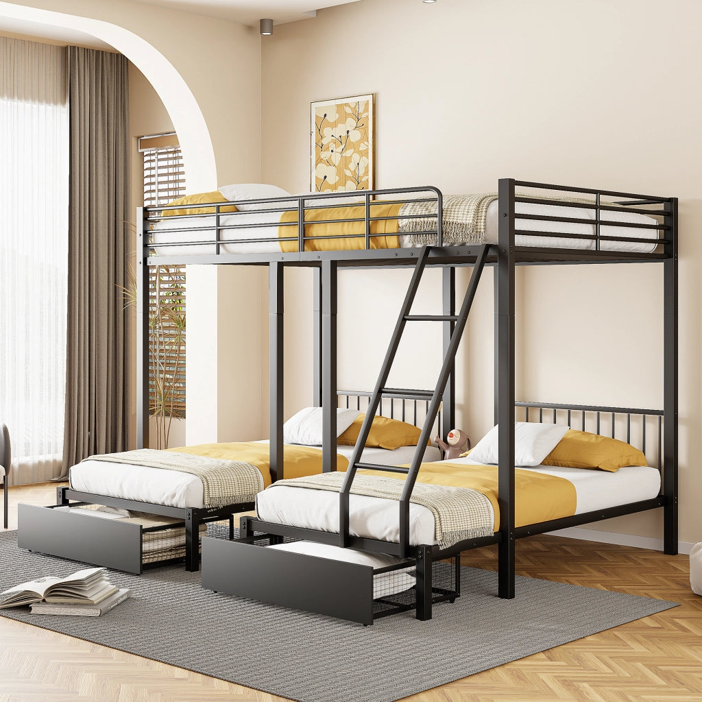 Letto a castello triplo con cassetti metallo nero 140x200 cm