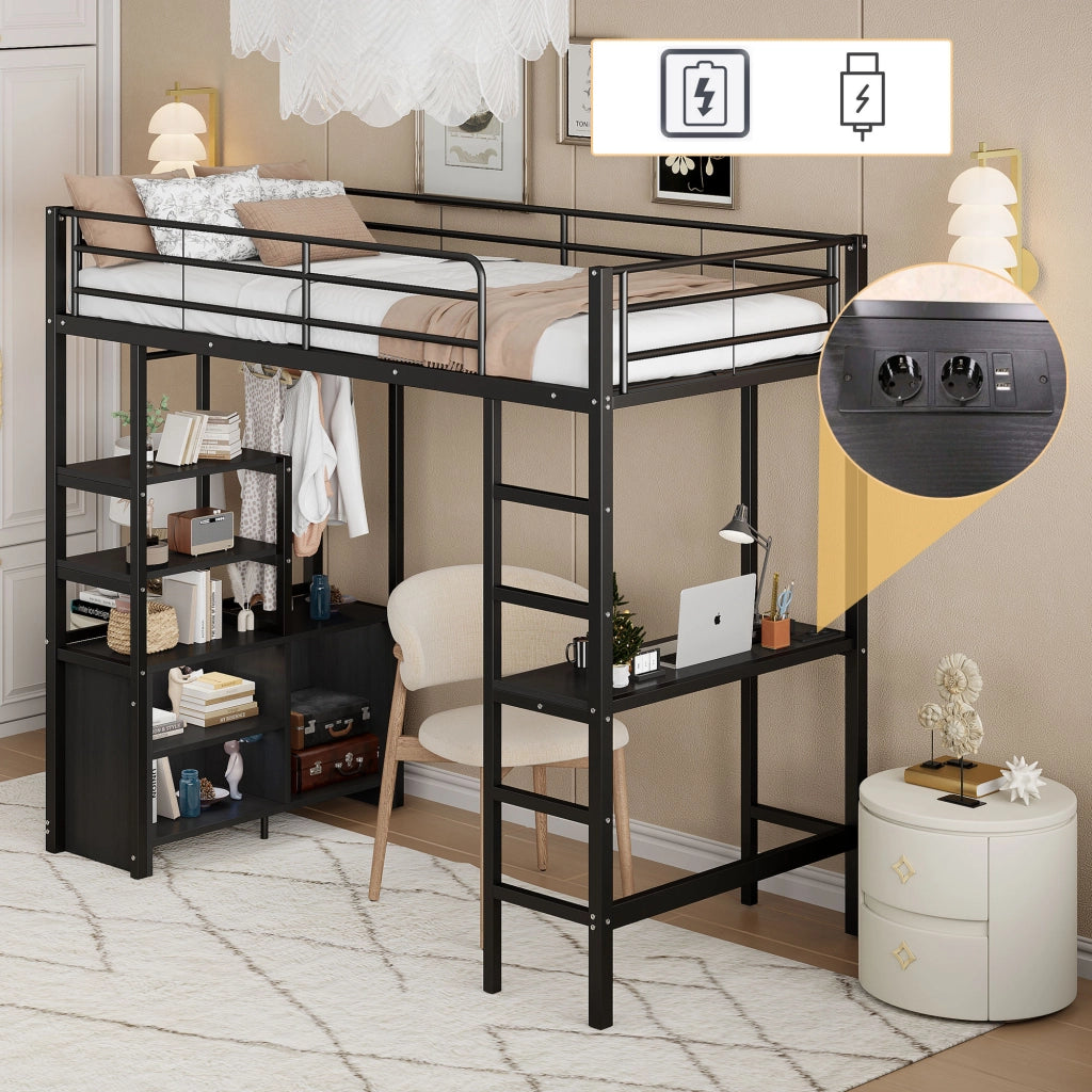 Letto a castello nero in metallo con scrivania presa usb 90x200 cm