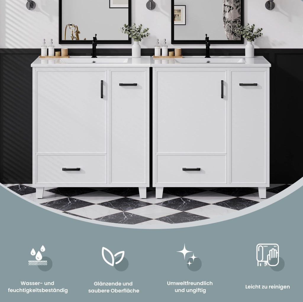 Mobile bagno a terra bianco con lavabo in ceramica e 2 cassetti