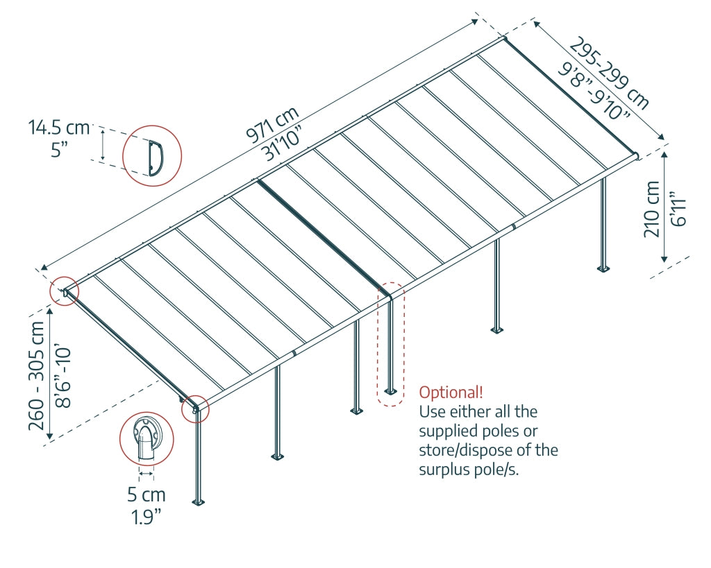 Pergola Sierra Addossata in Alluminio  3X9.7 m Grigio