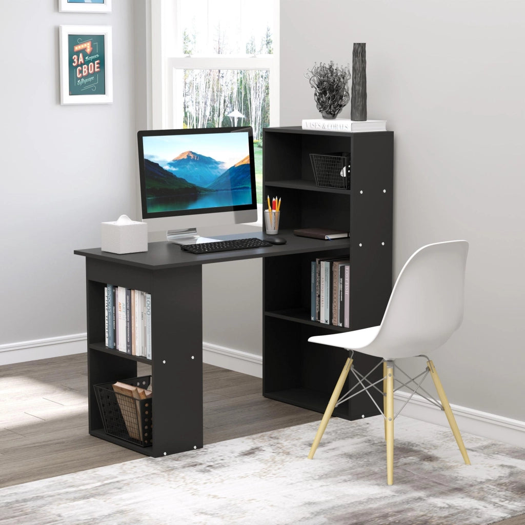 Scrivania PC in Legno con 6 Ripiani e Cassetti ¨C Zephmum ¨C 120x55x120 cm, Nero