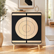 Scarpiera moderna 76x37x98;5 cm con ante geometriche; nera e naturale
