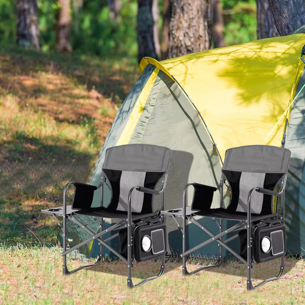 Sedia Pieghevole Da Campeggo, Sedia Campeggio Pieghevole da Esterno Giardino con Tavolo Laterale, Sedia Mare Spiaggia Pesca da Esterno Tasca Portaoggetti e Borsa Termica 53x98x113 cm