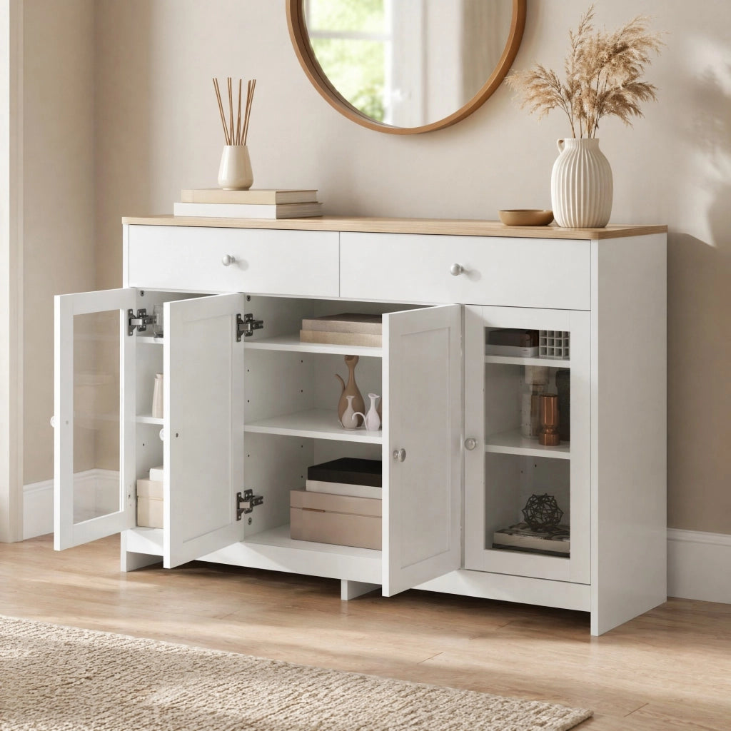 Credenza con 4 ante e 2 cassetti, ripiani regolabili, in MDF legno e bianco per cucina e soggiorno, 120 × 37 × 80 cm