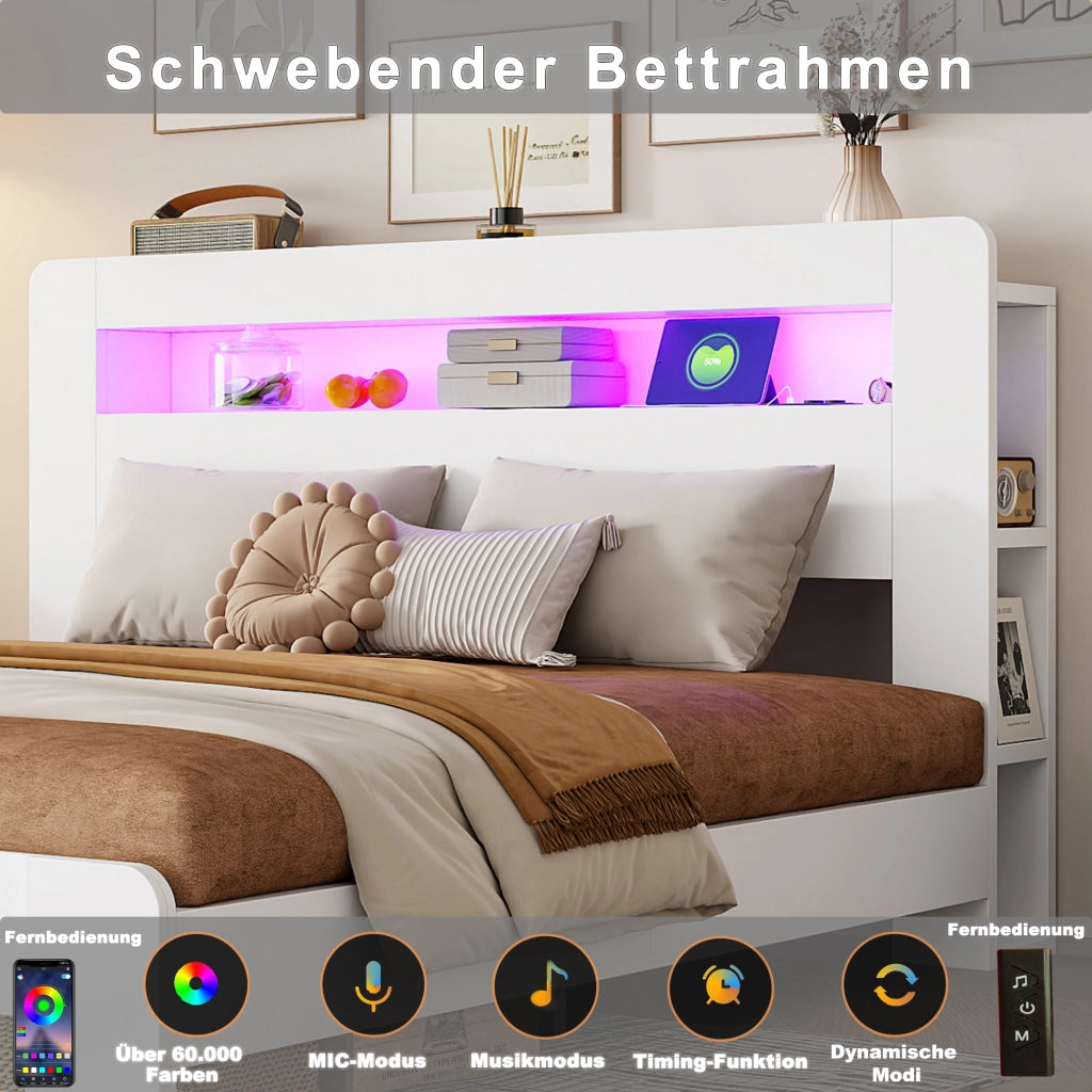 Letto con piattaforma 180x200 mm illuminazione a LED prese elettriche con vani portaoggetti legno bianco