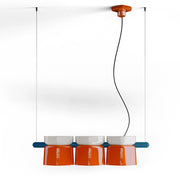 Lampadario Decò Yakitori Ceramica Bianco Arancio Volpe Metallo Blu 3 Luci E27
