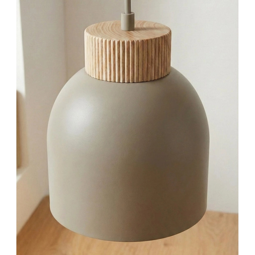 Lampada a sospensione Vigo in acciaio beige opaco e legno
