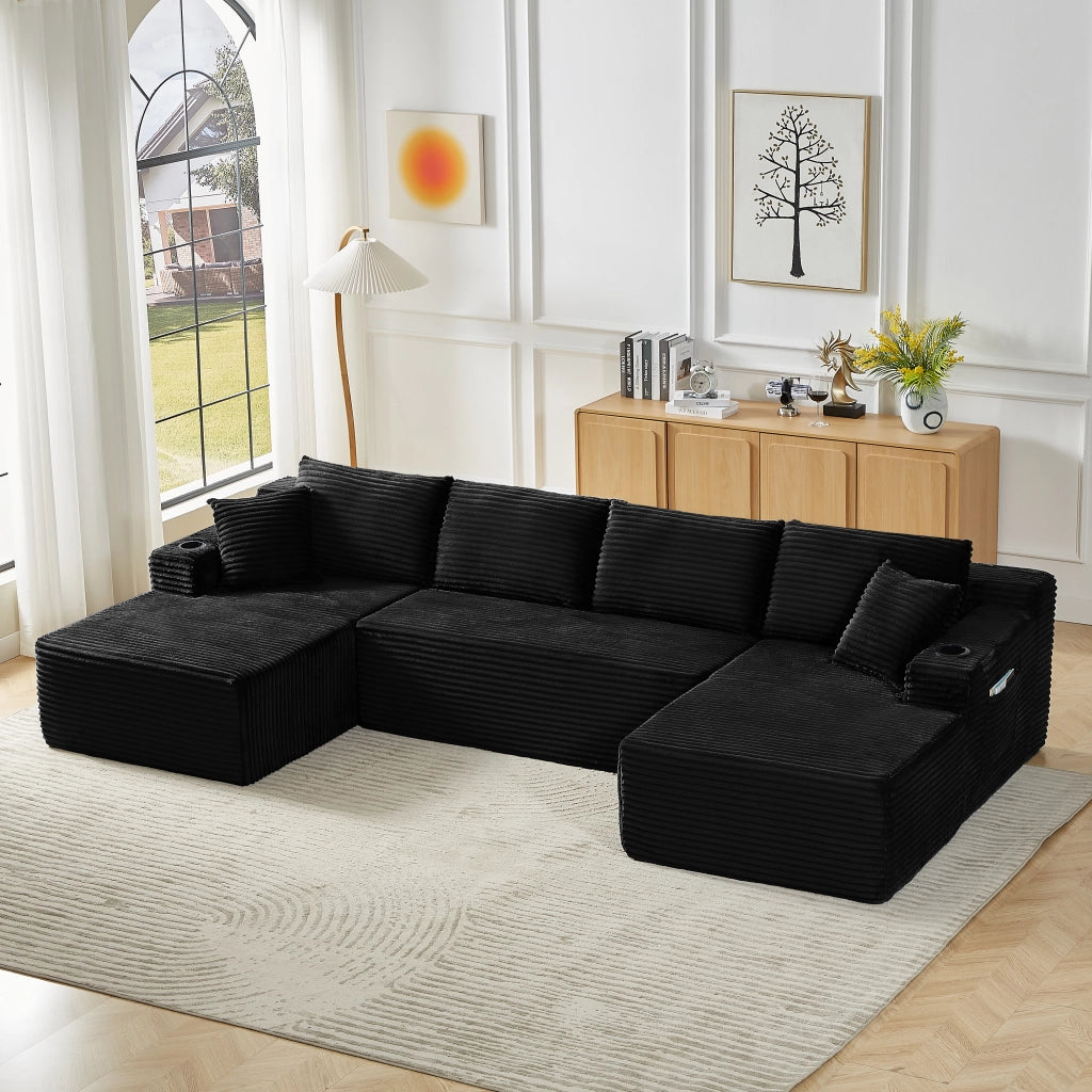 Divano modulare a U con design ergonomico e configurazione flessibile senza montaggio in velluto a coste nero