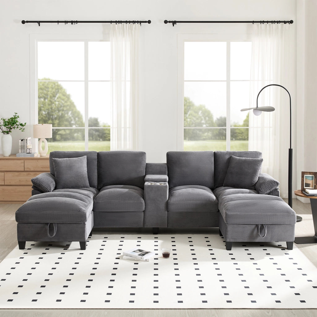 DIVANO U 293x142x93 cm grigio in velluto a coste 4-5 posti