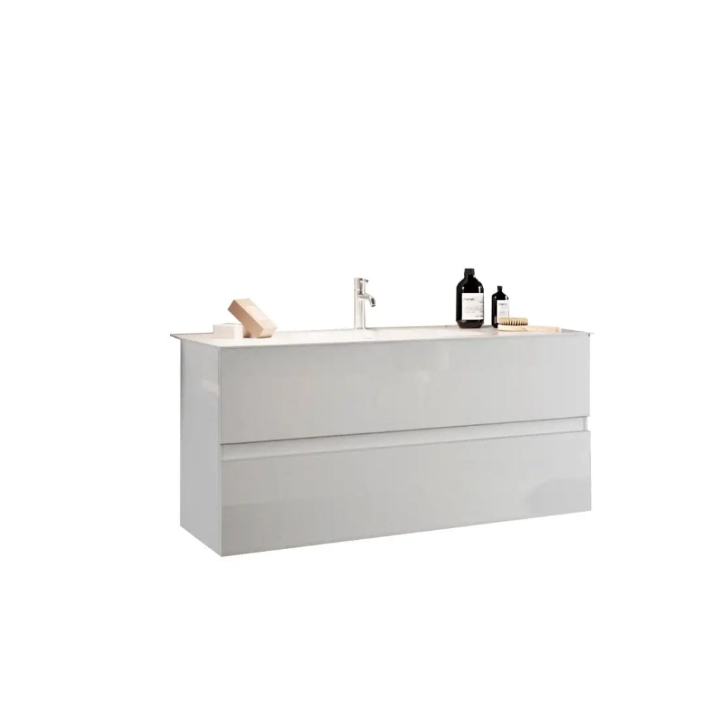 Mobile da bagno sospeso con 1 lavabo e 2 cassetti, lunghezza 82 cm, collezione VIENNA. Colore bianco lucido.