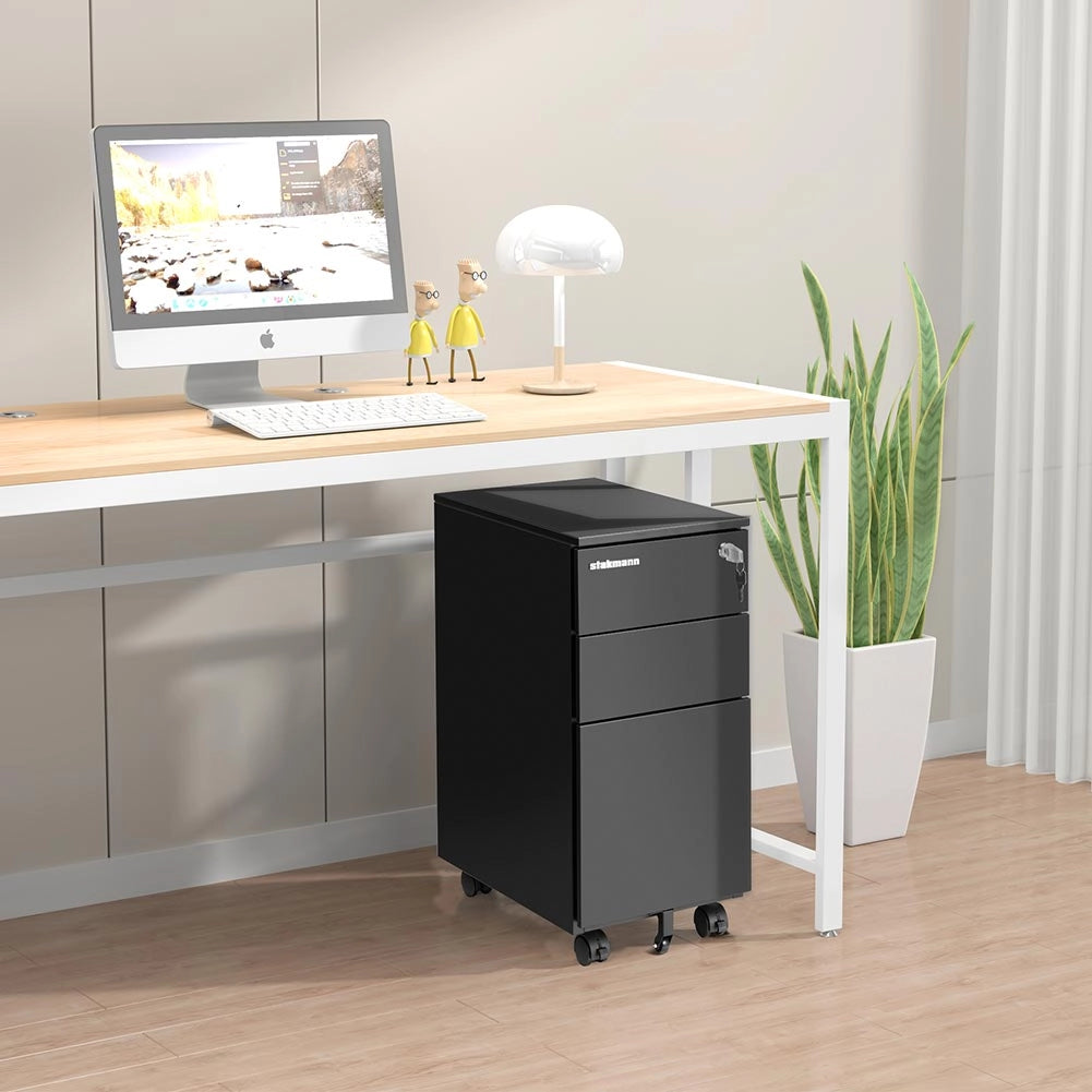 Cassettiera da Ufficio 45x30x60 cm Mobiletto per Documenti con Serratura Asta per Schedario Nero