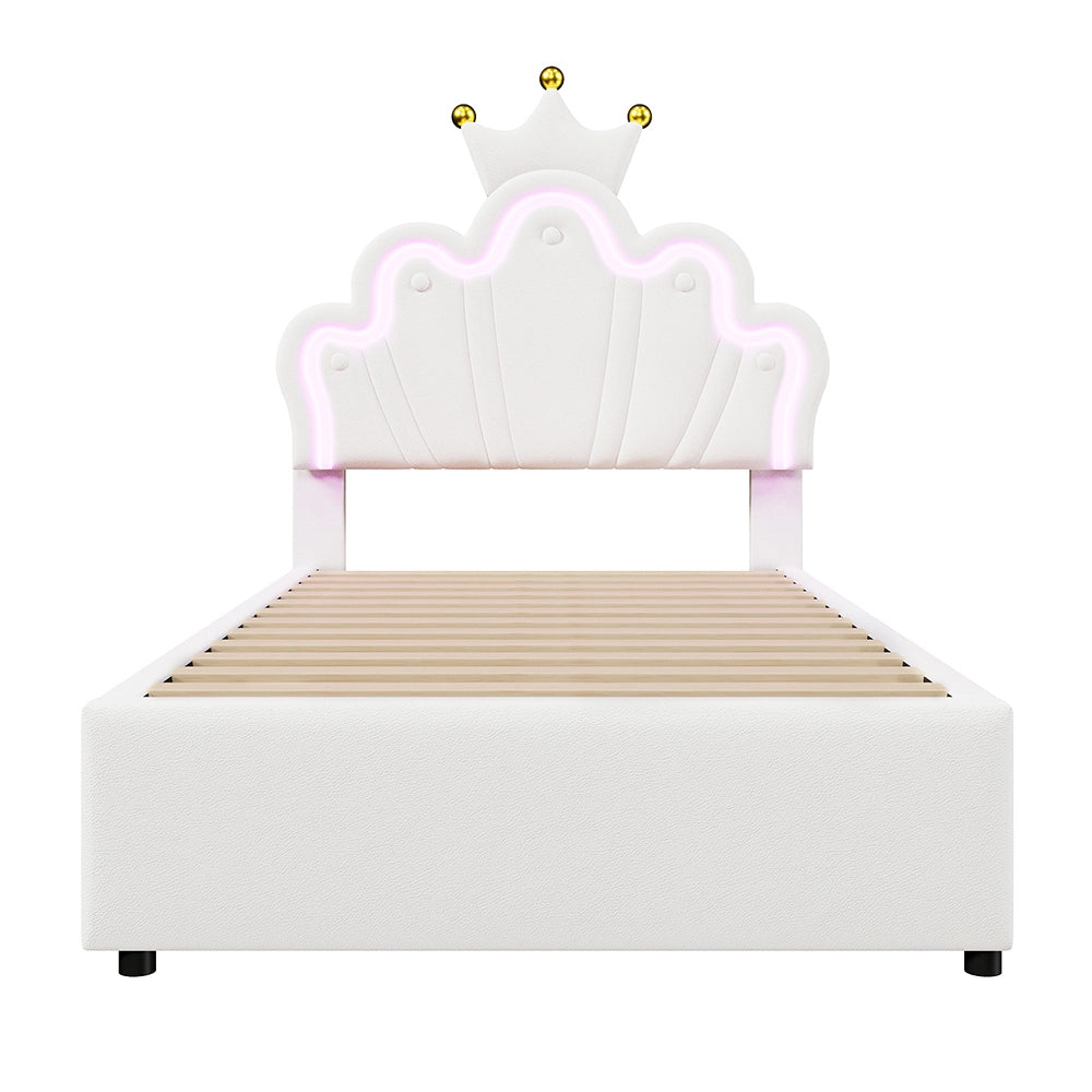 Letto bambino-Xylo-90x200 cm-2 cassetti, LED, testiera corona, PU bianco