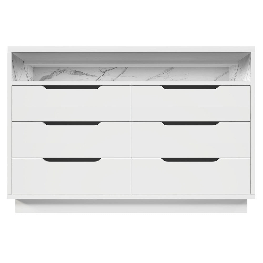 Buffet con LED - Xylo - 120??40??85 cm - 6 Cassetti Effetto Marmo Bianco