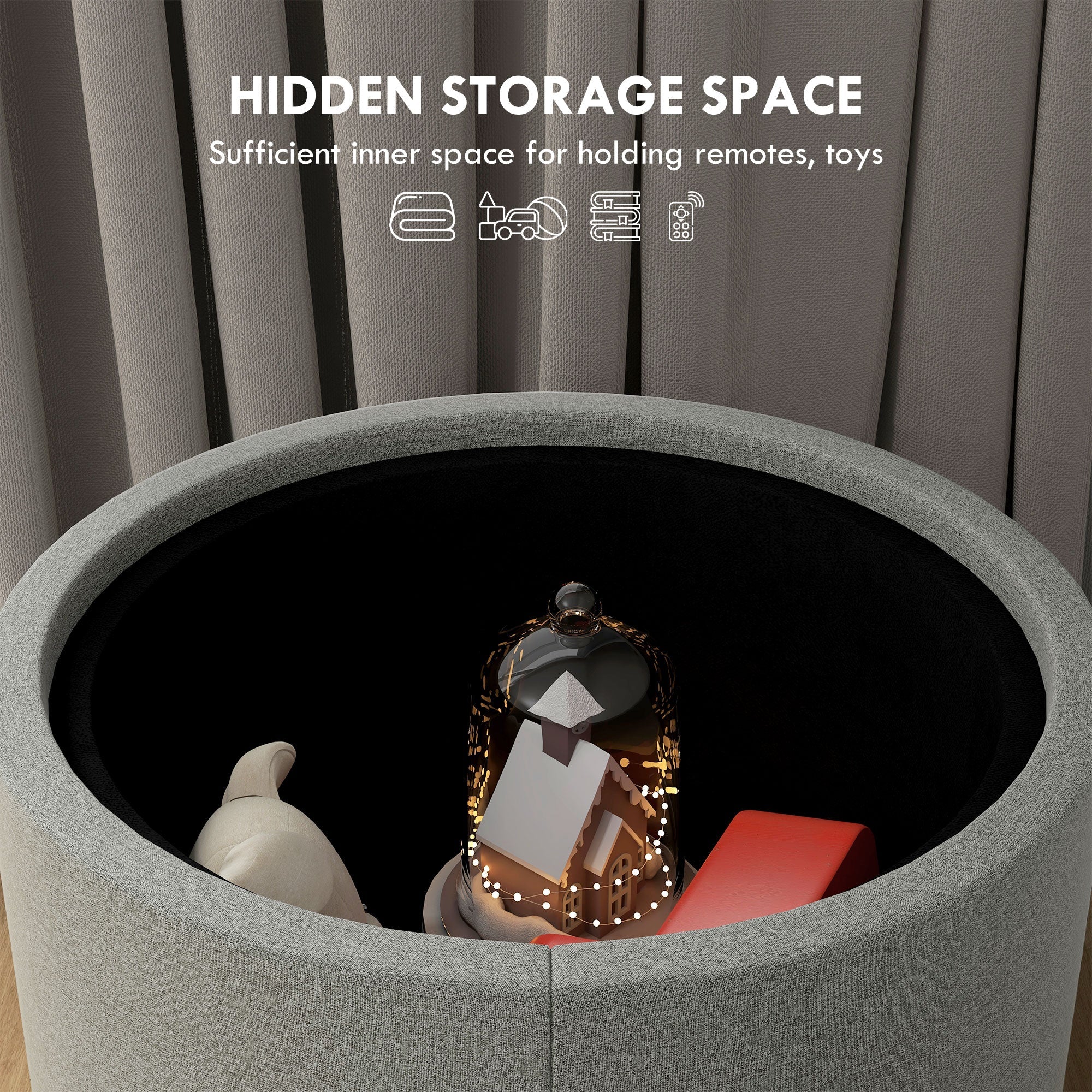 Pouf Contenitore Effetto Lino da 120 kg max 56x56x42 cm con Vassoio a Ribalta in MDF Grigio