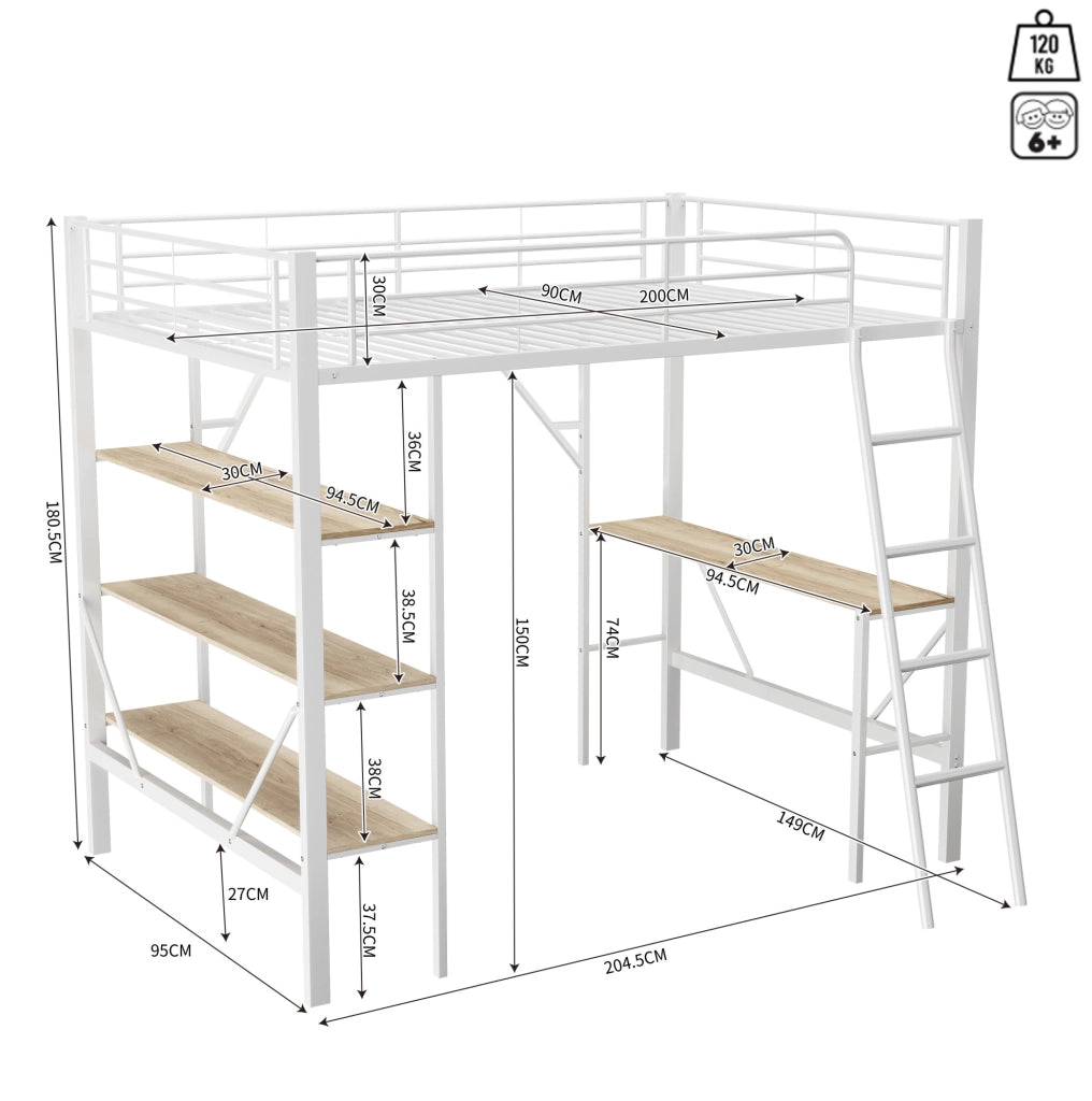 Letto a soppalco 90x200 cm con scrivania e ripiani; MDF e metallo; bianco