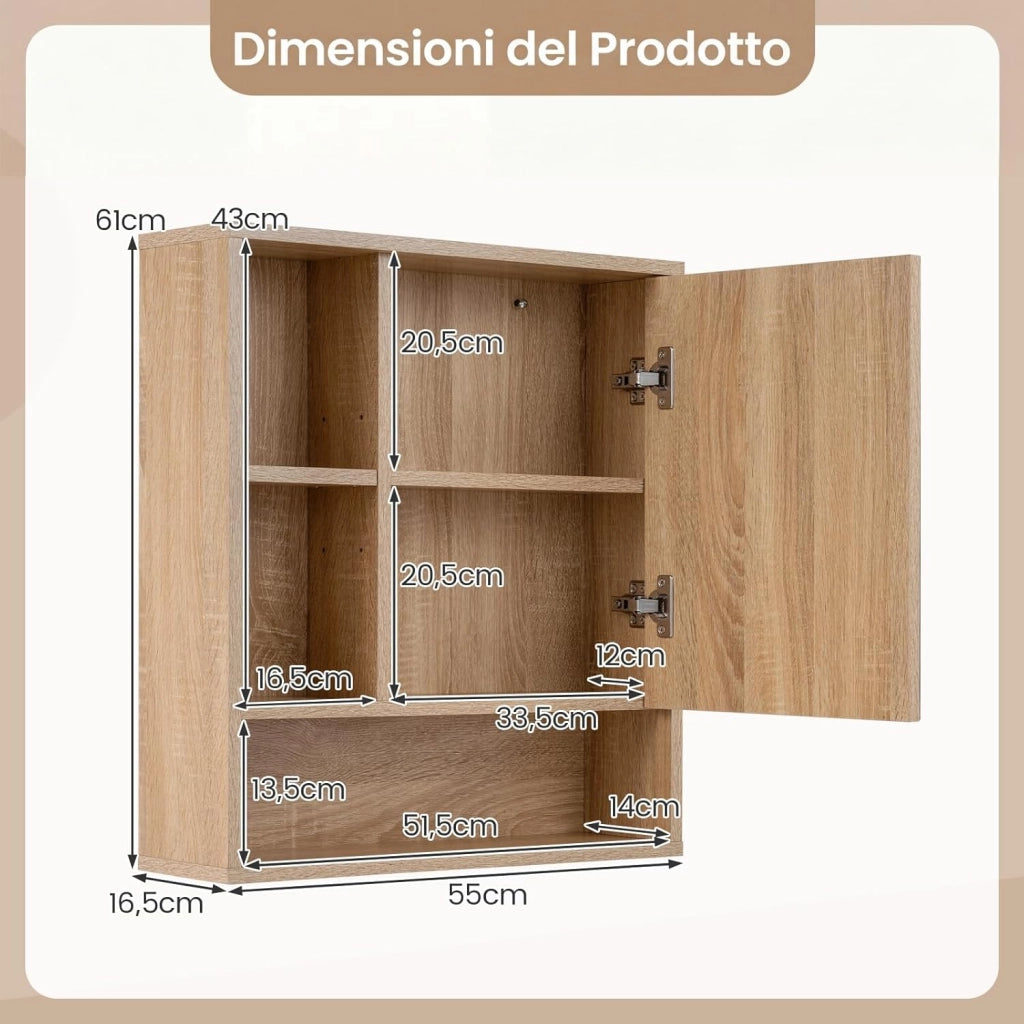Mobile Bagno con Specchio da Parete, Specchiera Salvaspazio in Legno con Ripiano Regolabile e Scomparti Aperti, Armadietto Pensile per Bagno, Soggiorno e Cucina, 55 x 16,5 x 61 cm (Naturale)