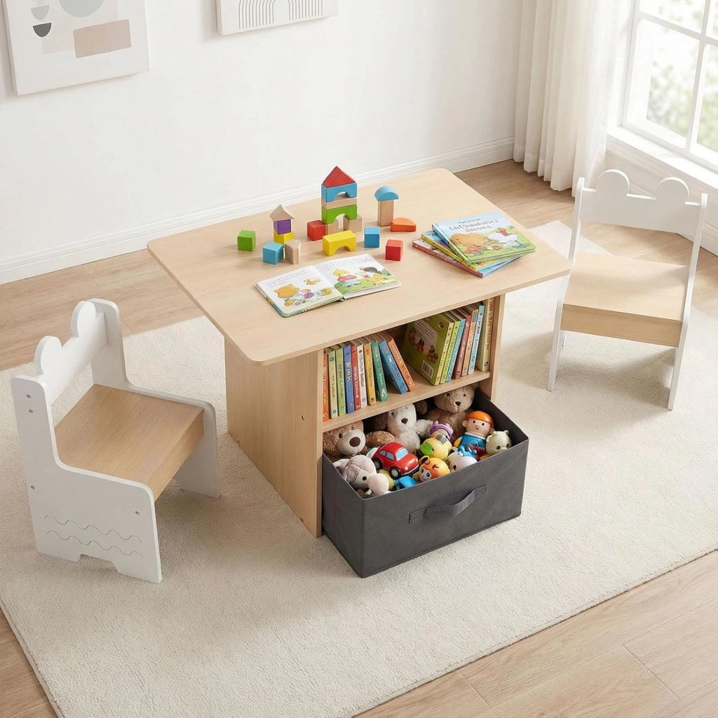 Set di Tavolo e 2 Sedie per Bambini 3+ Anni, Tavolo e 2 Sedie in Legno con Scomparti Doppio Lato e Cassetto Pieghevole in Tessuto, Ideale per Leggere, Giocare per Cameretta Bambini (Bianco)