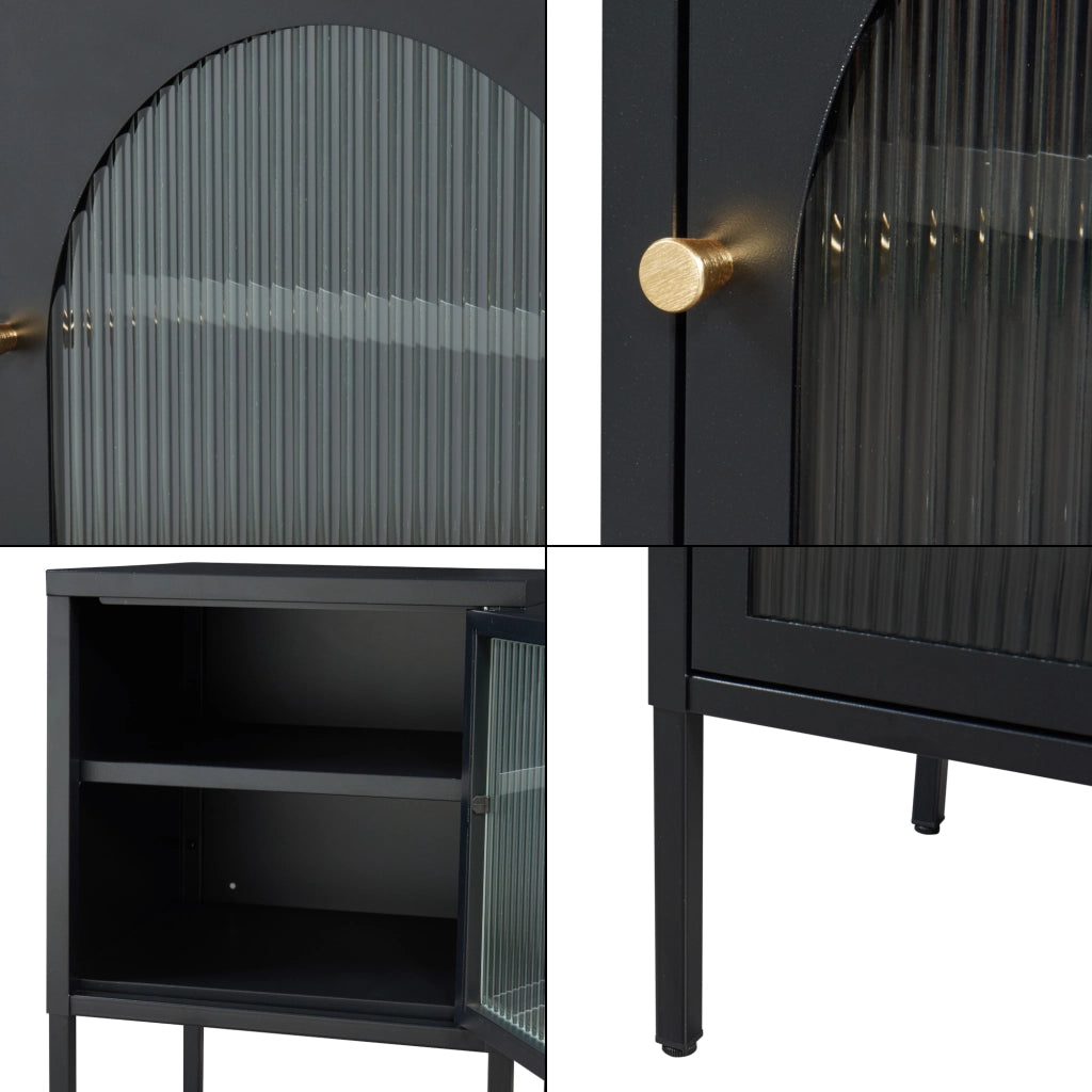 Comodino in Acciaio Karlskrona con Anta in Vetro Scanalato e Ripiano Regolabile 60 x 42,5 x 40 cm - Nero Opaco [en.casa]