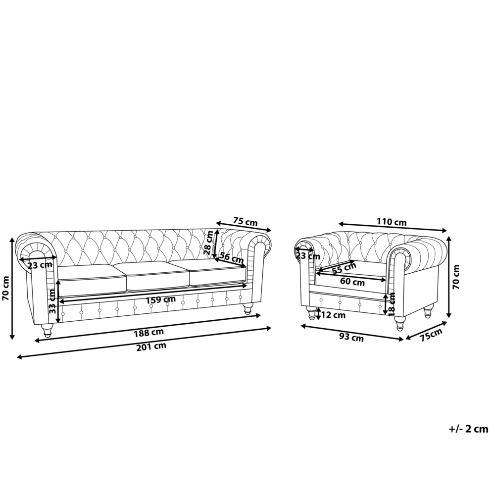 Set soggiorno Chesterfield Rivestimento in velluto marrone dorato Gambe nere Divano a 3 posti + poltrona