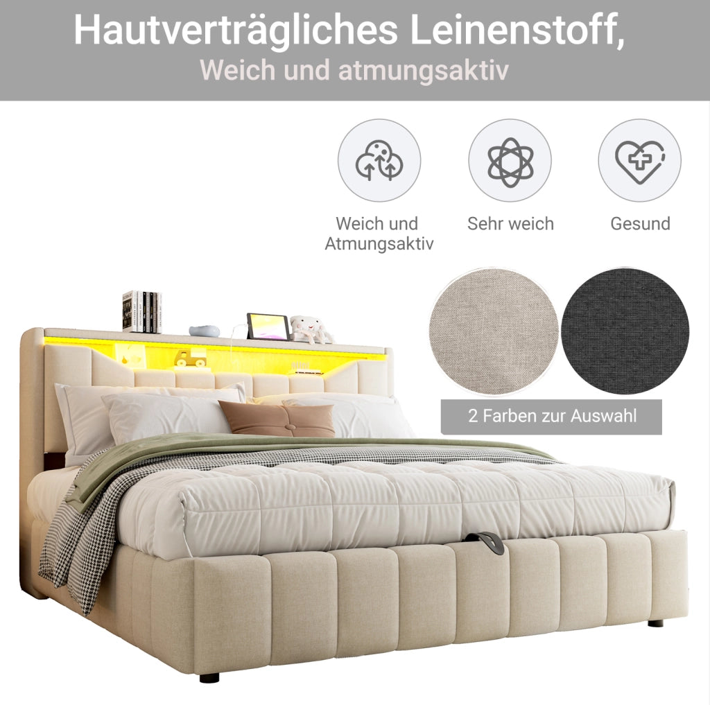 Letto imbottito beige con contenitore idraulico, LED e ricarica USB