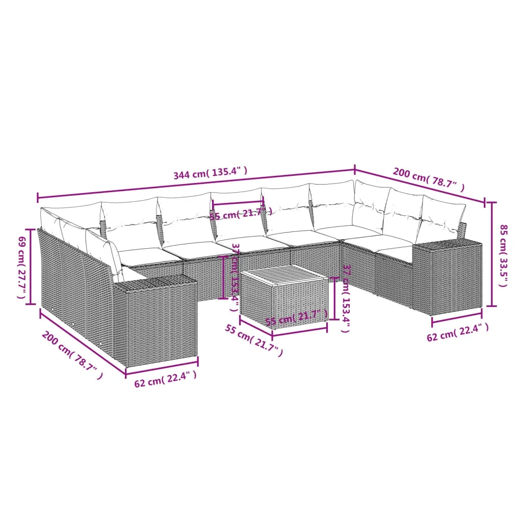 Set Divani da Giardino 11 pz con Cuscini Beige in Polyrattan 3225618
