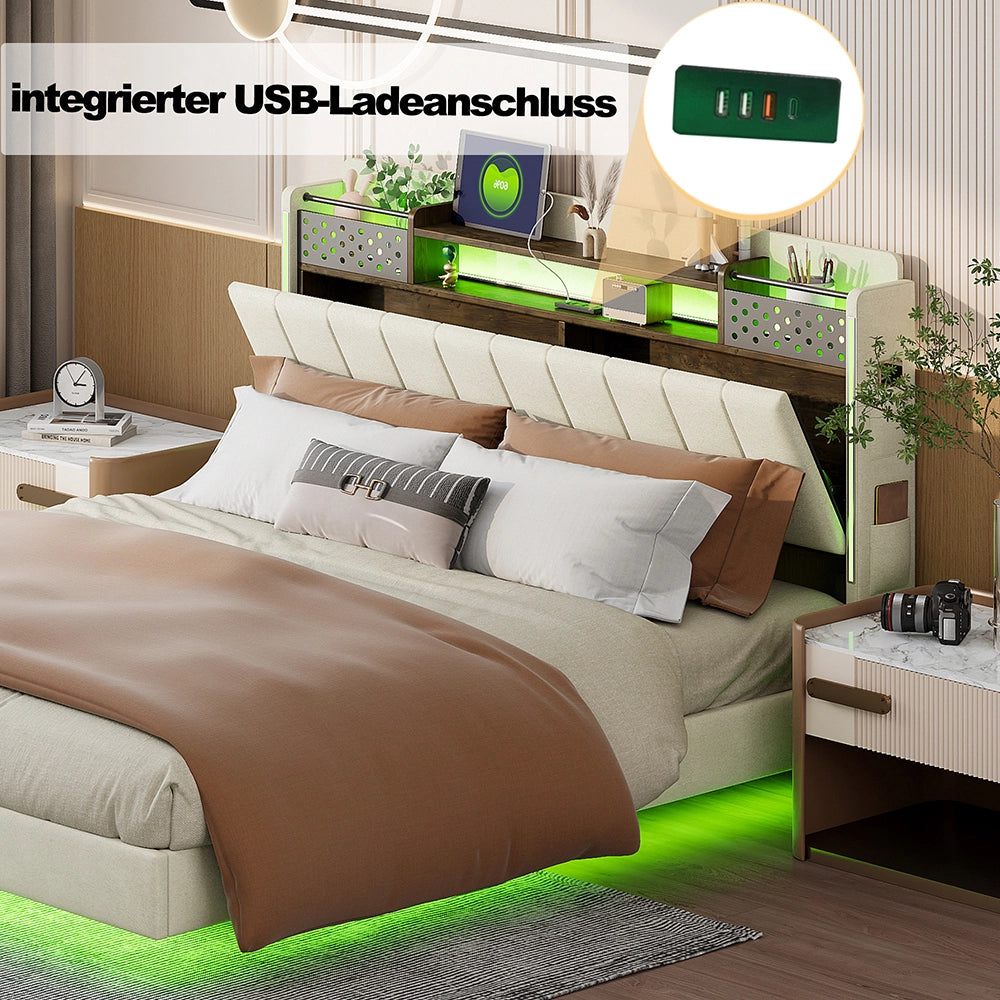 Letto matrimoniale con illuminazione LED - Xylo - 140x200 cm - Beige - Con contenitore