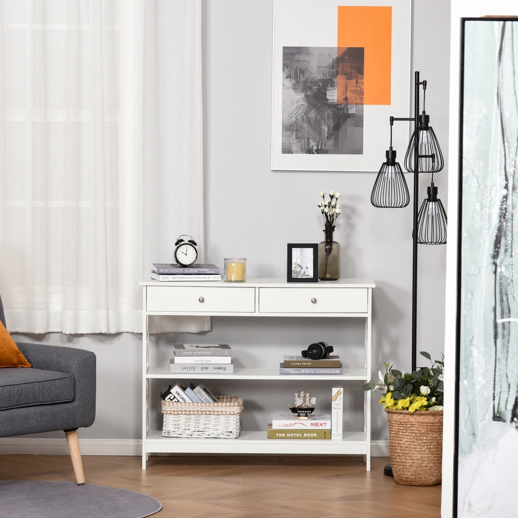 Consolle Ingresso con 2 Cassetti e 2 Ripiani ¨C zephmum ¨C Bianco 100x30.5x80 cm