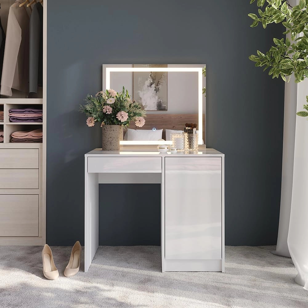 Tavolo da toeletta Sherry, Bianco/bianco lucido, 89.8 cm con specchio LED